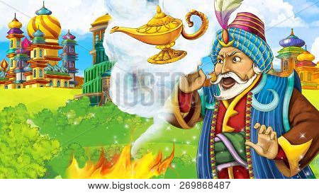 Cartoon Scene With Medieval Arabic Kingdom Prince Or King Traveling - Far East Ornaments - The Stage