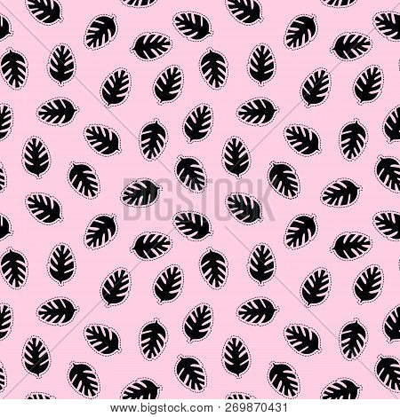Silhouette Black Tropical Leaf Sticker Minimal Seamless Pattern. Vector Illustration Isolated On A P