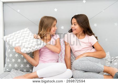 Evening Time For Fun. Sleepover Party Ideas. Girls Happy Best Friends Or Siblings In Cute Stylish Pa