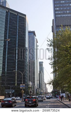 Montreal, Quebec, August 21, 2017 - Vertical Of The Towering Buildings, Looking Down Rene Levesque B