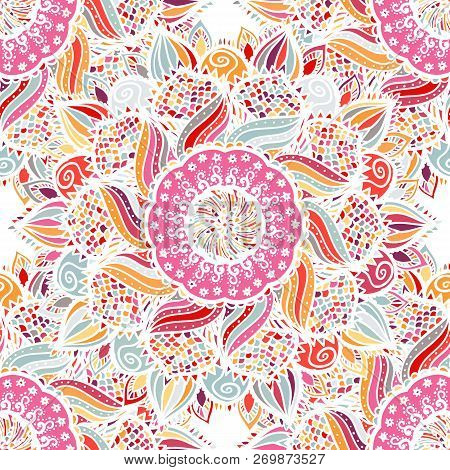 Seamless Floral Vector Pattern Made Of Colorful Mandalas. Pink Romantic Background. Texture Design F