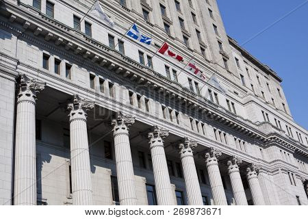 Montreal, Quebec, August 21, 2017 - Horizontal Skewed Perspective Of The Ornate Styled Architecture 