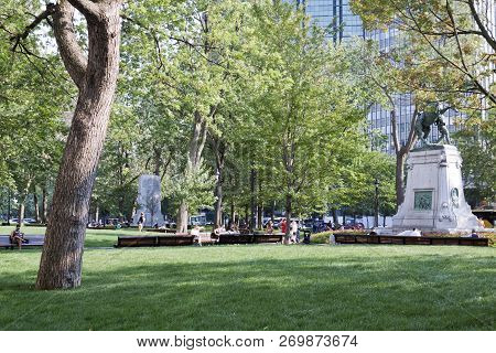 Montreal, Quebec, August 21, 2017 - Horizontal View Of Dorchester Square, Filled With People, On A B