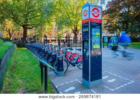 London, United Kingdom - May 14 2018: Santander Cycles Known As Boris Bikes, After Boris Johnson, Wh