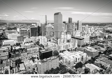 Aerial Drone Views Above Downtown Denver Colorado Usa Skyline Cityscape Black And White Sunny Aftern