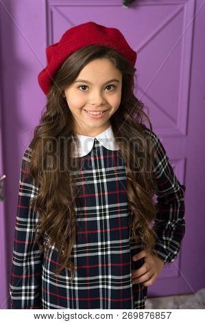 French Style Beret Hat. How Wear Beret Like Fashion Girl. Kid Little Girl With Long Hair Posing In H
