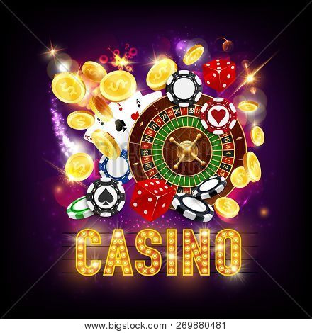 Casino Gambling, Roulette Wheel And Dice, Luck And Win. Vector Play Cards And Poker Chips, Coins And