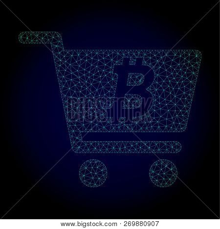 Glossy Bitcoin Webshop Polygonal Illustration. Abstract Mesh Lines, Triangles And Points On Dark Bac