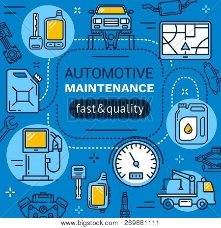 Vehicle Service And Maintenance, Car Repair Garage Station. Vector Linear Design Of Mechanic Diagnos