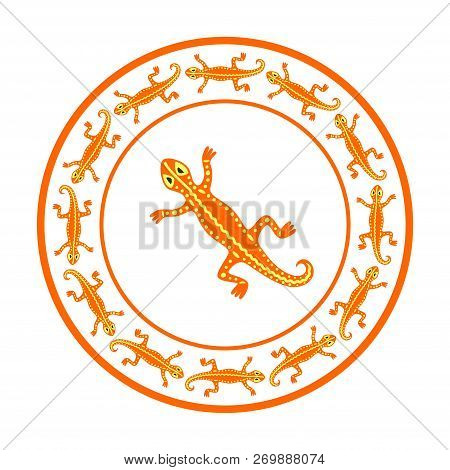 Orange Lizards Based On African Ethnic Motifs. Vector Illustration.