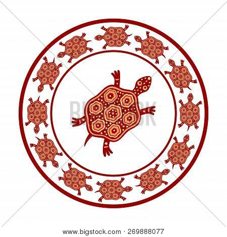 Deep Red Turtles Based On African Ethnic Motifs. Vector Illustration.