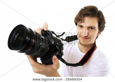 Imagem do fotógrafo homem sobre um fundo branco