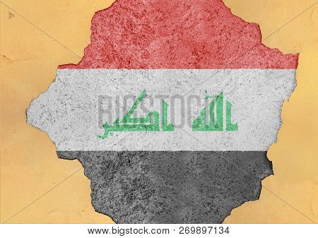 Iraq Flag Abstract In Facade Structure Big Damaged Grudge Concrete Cracked Hole