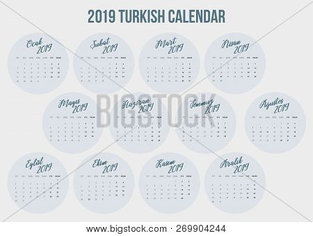 2019 Round Shaped Turkish Calendar Design. 
2019 Türkçe Takvim.