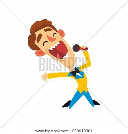Host Of The Show, Joyful Man With Microphone Vector Illustration On A White Background