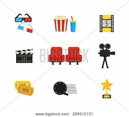 Flat Vector Set Of Movie Theater And Cinema Icons. Armchairs, Tape, Bobbin, Clapper, Ticket, Cocktai