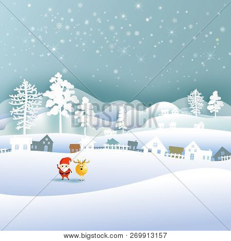 Merry Christmas And Happy New Year, Paper Art Snowflake And Santa With Rein Deer, Mountain And Cloud