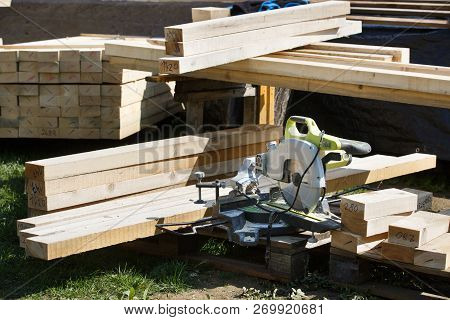 Pile Of Cut And Prepared Wood Planks, Beams And Pieces