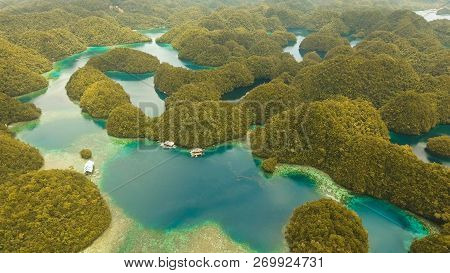 Aerial View: Bucas Grande Island, Sohoton Cove. Philippines. Tropical Sea Bay And Lagoon, Beach. Tro