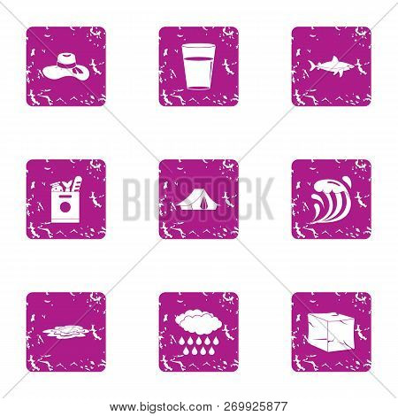 Coastal Icons Set. Grunge Set Of 9 Coastal Icons For Web Isolated On White Background