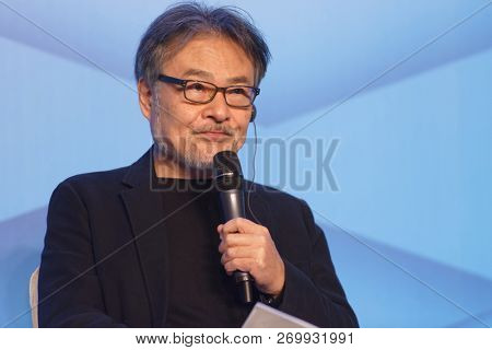 ST. PETERSBURG, RUSSIA - NOVEMBER 15, 2018: Kiyoshi Kurosawa, Japanese film director, scriptwriter, writer, professor gives a lecture during Saint-Petersburg International Cultural Forum