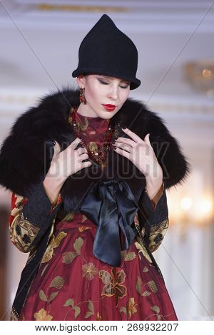 ST. PETERSBURG, RUSSIA - NOVEMBER 15, 2018: Fashion parade of Slava Zaitsev collection in the Hermitage hotel during Saint-Petersburg International Cultural Forum