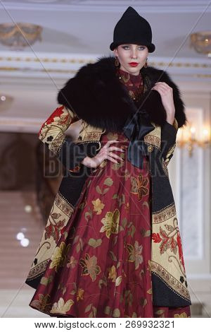 ST. PETERSBURG, RUSSIA - NOVEMBER 15, 2018: Fashion parade of Slava Zaitsev collection in the Hermitage hotel during Saint-Petersburg International Cultural Forum