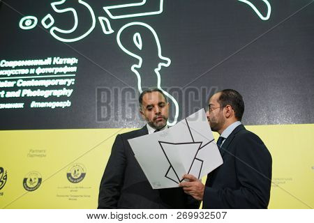 ST. PETERSBURG, RUSSIA - NOVEMBER 14, 2018: His Excellency Fahad Bin Mohammed Al-Attiya, Ambassador of Qatar in Russia (left) and Mohammed Nasser Al Othman, PR Director of Qatar Museums during SPbICF