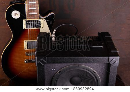 Electric Guitar And Amplifier Vintage Close Up. All For Rock.