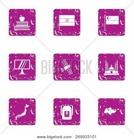 Study Of Eastbound Icons Set. Grunge Set Of 9 Study Of Eastbound Icons For Web Isolated On White Bac