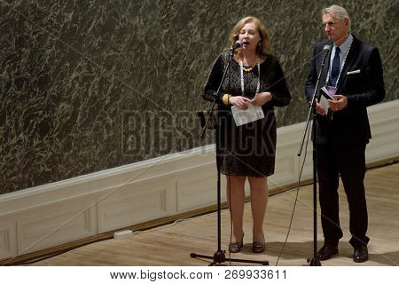 ST. PETERSBURG, RUSSIA - NOVEMBER 16, 2018: Walter Reicher, quartermaster of the Joseph Haydn International Festival in Eisenstadt (right) during Saint-Petersburg Cultural Forum
