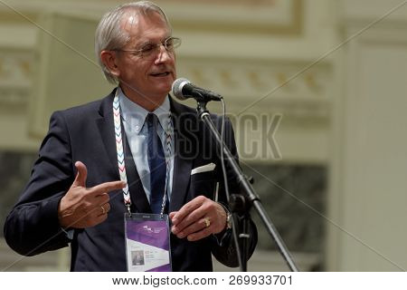 ST. PETERSBURG, RUSSIA - NOVEMBER 16, 2018: Walter Reicher, quartermaster of the Joseph Haydn International Festival in Eisenstadt during Saint-Petersburg Cultural Forum