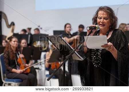 ST. PETERSBURG, RUSSIA - NOVEMBER 17, 2018: Claudia Cardinale, Italian actress starred in the Red Tent movie during Saint-Petersburg International Cultural Forum
