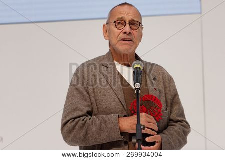 ST. PETERSBURG, RUSSIA - NOVEMBER 17, 2018: Andrey Konchalovsky, film director become Russian Seasons Ambassador for the next year during Saint-Petersburg International Cultural Forum