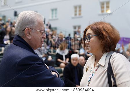 ST. PETERSBURG, RUSSIA - NOVEMBER 17, 2018: Mikhail Piotrovsky, General Director of the State Hermitage Museum (left) and Zelfira Tregulova, director of State Tretiakov Gallery, during SPbICF