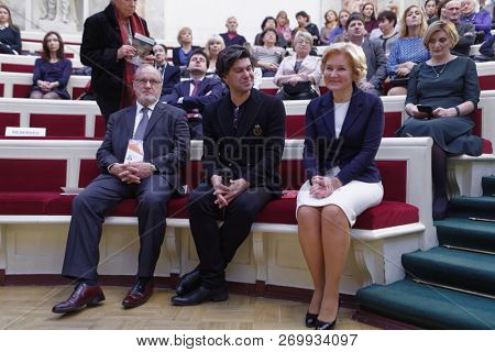 ST. PETERSBURG, RUSSIA - NOVEMBER 16, 2018: Right to Left: Olga Golodets, Nikolai Tsiskaridze, and Vladimir Kirillov dirung Saint-Petersburg International Cultural Forum
