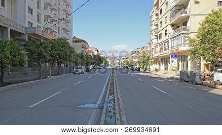 Shkoder, Albania - July 25, 2012: Rruga Qemal Dracini Street Town Centre In Shkoder, Albania.