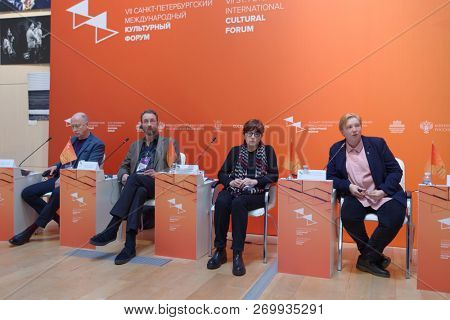 ST. PETERSBURG, RUSSIA - NOVEMBER 17, 2018: Participants of conference dedicated to the research of Melnikov's house in Moscow for its preservation during Saint-Petersburg International Cultural Forum