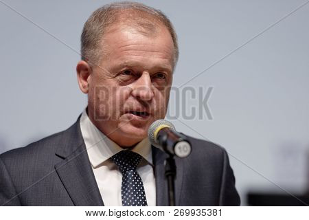 ST. PETERSBURG, RUSSIA - NOVEMBER 17, 2018: Mikhail Kucheryavy, vice-governor of Saint-Petersburg on Arctic issues on the event dedicated to 90th anniversary of salvage the Umberto Nobile expedition