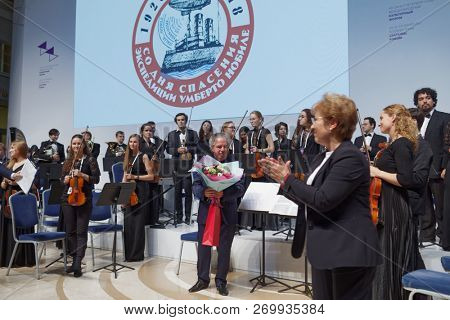 ST. PETERSBURG, RUSSIA - NOVEMBER 17, 2018: Italian conductor Vince Tempera and symphony orchestra of Leningrad region during Saint-Petersburg International Cultural Forum