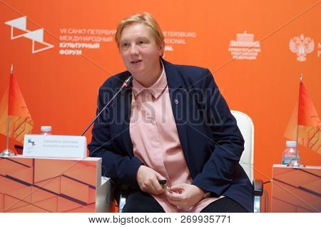 ST. PETERSBURG, RUSSIA - NOVEMBER 17, 2018: Elizaveta Likhacheva, director of Russian State museum of architecture participates in discussion during Saint-Petersburg International Cultural Forum
