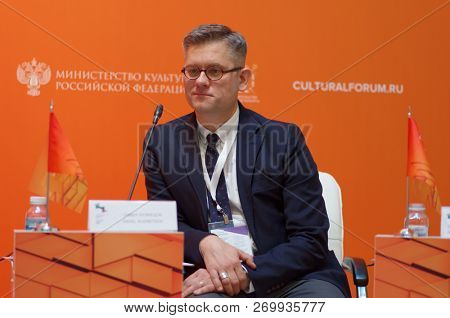 ST. PETERSBURG, RUSSIA - NOVEMBER 17, 2018: Pavel Kuznetsov, director of State Museum of Melnikovs participates in discussion during Saint-Petersburg International Cultural Forum