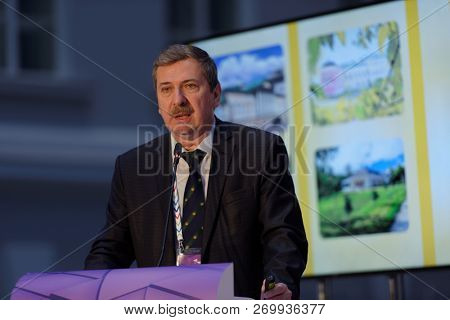 ST. PETERSBURG, RUSSIA - NOVEMBER 17, 2018: Vissarion Alyavdin, CEO of Association of owners of historical estates participates in discussion during Saint-Petersburg International Cultural Forum