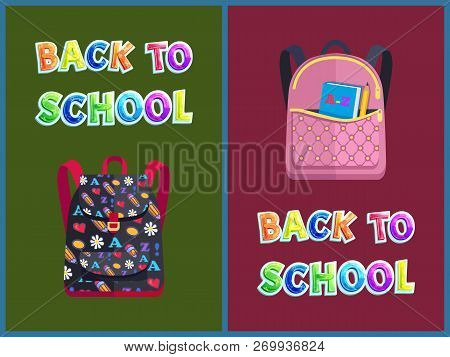 Back To School Backpack Having Pattern Made Of Flowers And Pencils. Rucksack Set With Book In Hard C