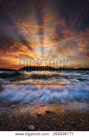 Sunrise on the bay of Nidri in Lefkas island Greece