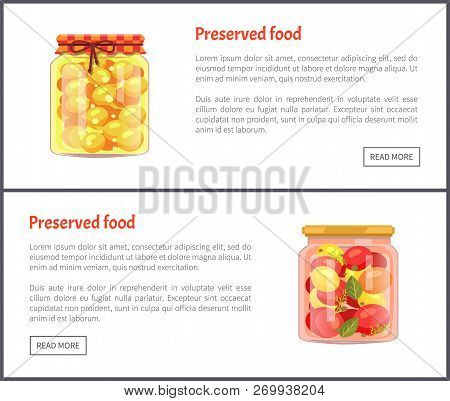 Preserved Fruit And Vegetables Set Vector Illustration. Tomato Salad And Apricot Jam, With Spices In