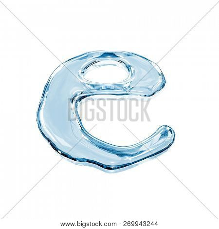 Letter e from clear transparent bluish water droplets. Isolated on white background. 3d rendering.