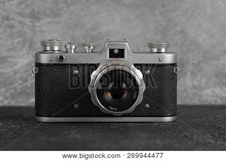 Moscow, Russia, February 06, 2018. The Old Film Camera Zarya, Brown Body, Released1961 On The Backgr