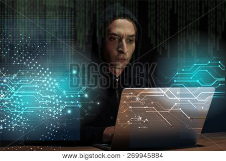 Portrait Of Hacker In Black Hoodie Using Laptop, Cuber Security Concept