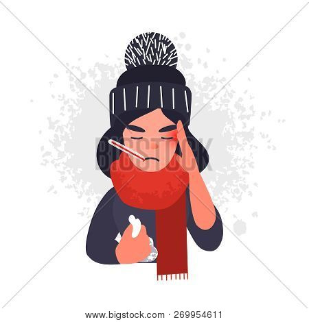 Sick Cold Woman In Cap And Scarf With A Thermometer In Her Mouth. Ill Flu Female Character With A He